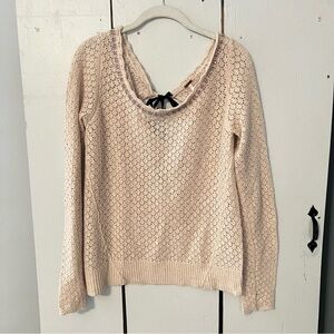 Free People Tan Sweater Rhinestone Necklace Black Back Tie Large Wool Blended
